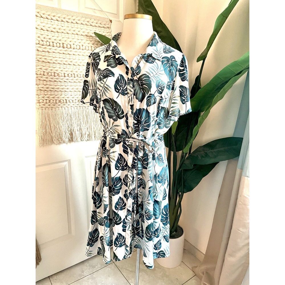 Corvia Women's Plus Size 20/22 Shirt Dress Palm Leaves Belted Lightweight - Picture 1 of 9